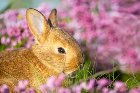 Easter red bunny surrounded by lilac flowers