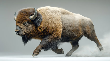 bison side view running raising dust from the ground, animals