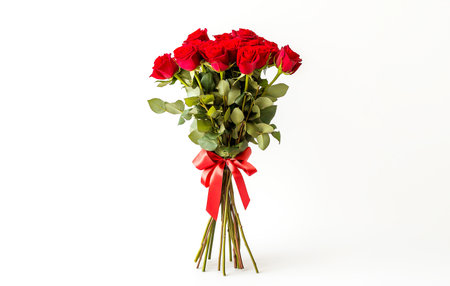 bouquet of red roses tied with a satin ribbon ,congratulations and holidaysの写真素材