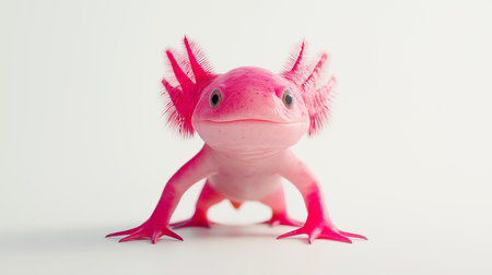 bright pink axolotl standing on white backgroundの写真素材