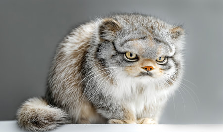 grumpy-looking Pallass cat sittingの写真素材
