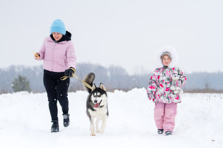 Mother and daughter walking husky in snowfallの写真素材