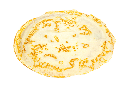 Tasty Thin Pancake Isolated on White Background. Fresh Homemade Crepesの写真素材