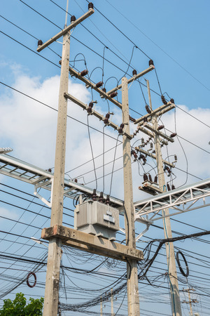 Electric transformer on the pole, Transform Electric high voltage to low voltageの写真素材
