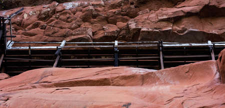 rocky and wood bridge in thailandの写真素材