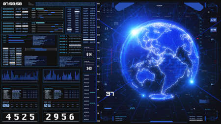 HUD Digital Futuristic Spinning Earth Scanning Location Tracking Analytic Screen Display...
