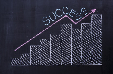 Chalk drawing - "SUCCESS" on chalkboard and profit bar chart and up arrowの写真素材