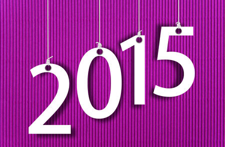 Happy New year 2015, white numbers hunging by rope on corrugated paper background.の写真素材