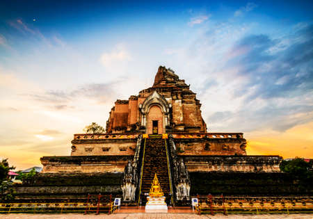 Ancient pagoda at Wat Chedi Luang temple in Chiang Mai, Thailand.の写真素材