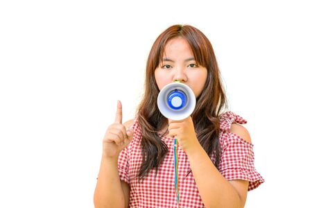 Young asian woman holding megaphone isolate on white background.の写真素材