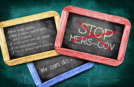 Stop MERS-COV or Middle East Respiratory Syndrome Coronavirus on chalkboard, We can do it.の写真素材
