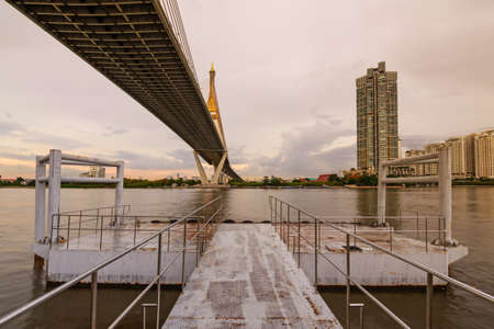 Bhumibol Bridge, Bangkok, Thailand,The bridge crosses the Chao Phraya River twice and the pier