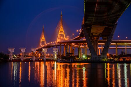 Bhumibol Bridge, Bangkok, Thailand,The bridge crosses the Chao Phraya River twice.の写真素材