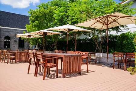 Dining table in front of the europe style buildings