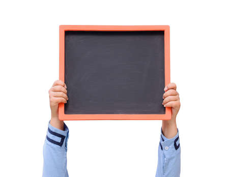 Hands holding blackboard on a white backgroundの写真素材