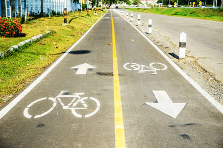 Bicycle sign on bicycle lane in morning sunshine. The main focus is at the symbol.の写真素材