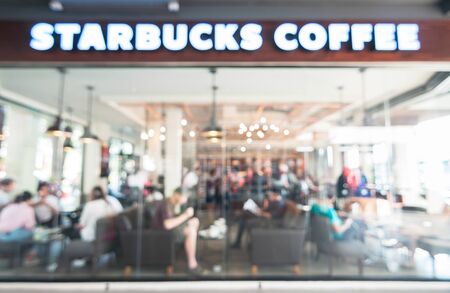 THAILAND - FEBRUARY 5: Starbucks Coffee coffeehouse at Maharaj Pier, Chao Phraya riverside on February 5, 2016 in Bangkok, Starbucks is the largest coffeehouse company in the world.のeditorial素材
