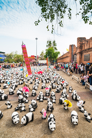 Chiang Mai, Thailand - March 19, 2016 : 1600 Pandas World Tour in Thailand at Tha Phae Gate in Chiang Mai. 1600 paper marche pandas are made from recycled materials, Campaign by WWF for promoting animal preservation in Thailand.のeditorial素材