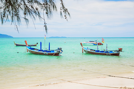 PHUKET, THAILAND - MAY 6, 2016: Traditional longtail boat at Andaman sea, Phuket province, Thailand.のeditorial素材
