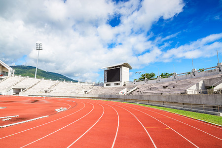 Athletics track against blue skyの写真素材