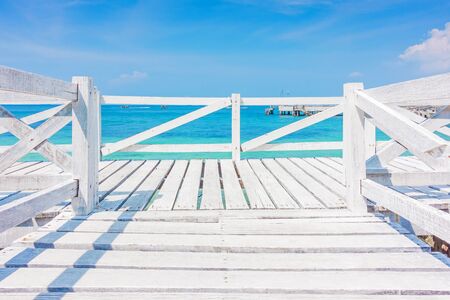 Wooden Bridge beside sea with beautiful seacape in koh lan island, Pattaya, Thailand.の写真素材