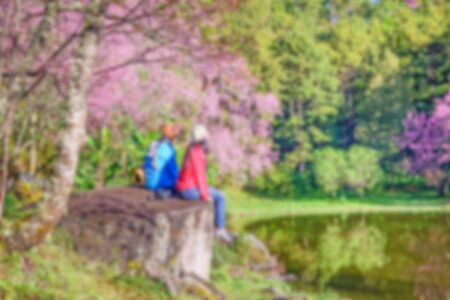 Blur couple having happy with pink cherry blossoms trees, Chaing Mai, Thailand. Love and friendship conceptsの写真素材