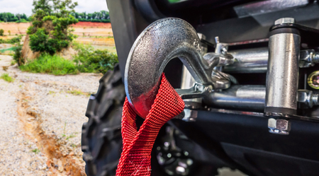 Off road car winch- towing system on hillの写真素材