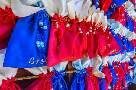 SEOUL, SOUTH KOREA - MAY 26 2017: Colorful pattern of blue and red cloth pockets at Bongeunsa Temple, Seoul City, South Korea.のeditorial素材