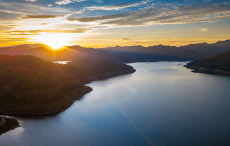 Aerial drone shot over the dam, Mae Kuang Dam at Chaing Mai province in THAILAND.の写真素材