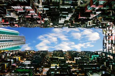 Old apartment in Hong Kong, Crowded city apartment from bottom view.の写真素材