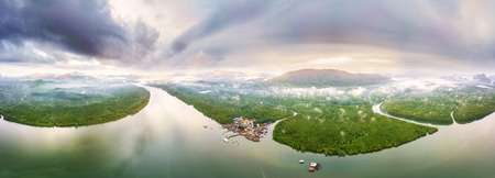 Panoramic aerial view of the Phang Nga bay with mangrove tree forest and hills in the Andaman sea, Thailand. Unseen thailand of Phang nga bay in morningの写真素材