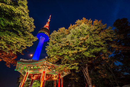 Namsan Park and N Seoul Tower at Night in Seoul,South Korea.のeditorial素材