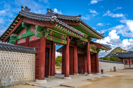 Gyeongbokgung Palace with blue sky in Seoul City, South Korea.のeditorial素材