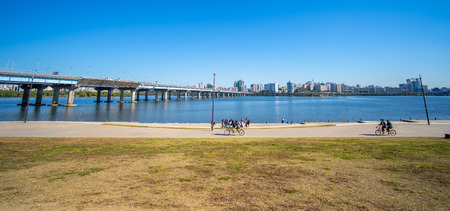 SEOUL, SOUTH KOREA -OCTOBER 19, 2018 : Seoul Hangang Park at Yeouido with Relaxation on the Han River in public.のeditorial素材