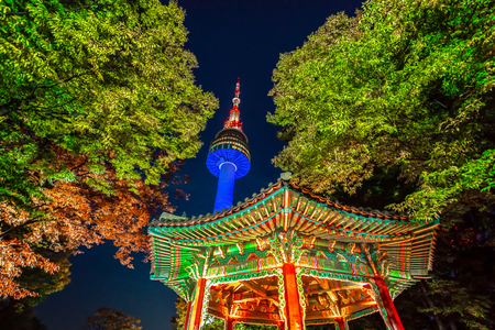 Namsan Park and N Seoul Tower at Night in Seoul,South Korea.のeditorial素材