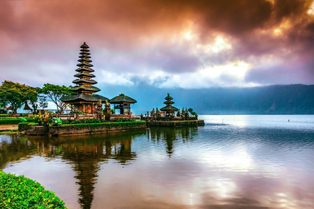 Pura Ulun Danu Bratan Temple, Hindu temple on Bratan lake, Bali, Indonesiaの写真素材