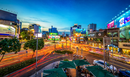 SAIGON, VIETNAM - JANUARY 16, 2019 : Speed Traffic - light trails on road in Ho Chi Minh City at night with long exposure. Ho Chi Minh city is the biggest city in southern Viet Nam.のeditorial素材