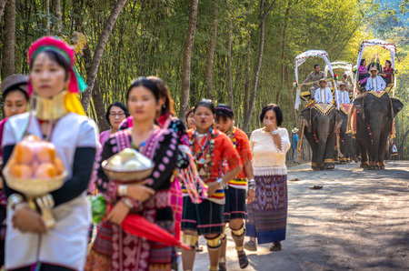 CHIANGMAI, THAILAND - FEBBRUARY 14, 2019 : 9 Couple riding elephant in wedding registration ceremony...
