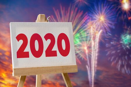 2020 New Year word on canvas and wooden stand  , Happy New Year 2020.