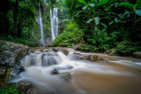 Mork fa Waterfall, Double Waterfal in deep forest at Doi Suthep Pui national park, Chiang Mai, Thailandの写真素材