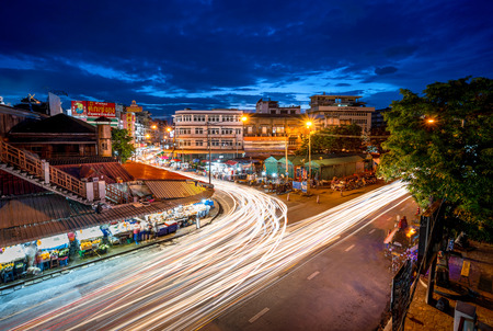 CHIANG MAI , THAILAND- AUGUST 15, 2019 : : Night Scene in Chiang Mai. Colorful shopping street Illuminated at night. Kad Luang is the largest and most important market in Chiang Mai.のeditorial素材