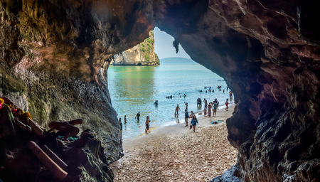KRABI, THAILAND - SEPTEMBER 8, 2019 : Holidaymakers relaxing on Pranang Cave Beach, Railay, Krabi, Thailand. Railay beach is one of famous beach in Krabi, Thailand.のeditorial素材