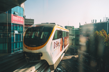 Daegu, South Korea - November 5, 2019:  Daegu monorail train is Daegu Subway Line 3. It is the first public transportation monorail in Korea.のeditorial素材