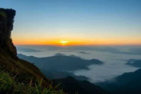 Sunrise and sea of mist, Mountain at Phu chee fa or Phu chi fa in Chiang Rai province Thailand.