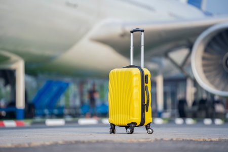 Traveler suitcase on airport and the plane blurred background, Summer vacation and travel concept.の写真素材