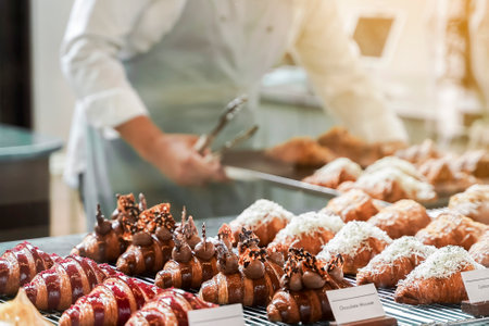 Delicious croissants on the store showcase of the bakery shop with blur seller background in the...