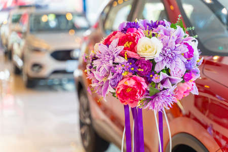 New cars at dealer showroom floors, showrooms for sale at car dealerships.の写真素材