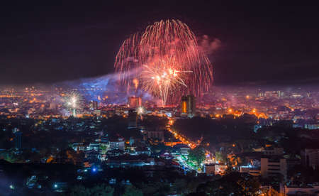 Fireworks Celebration with cityscape night light view of Chiang Mai at night in New Year time