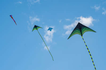 Colorful kite flying, soaring against a blue skyの写真素材