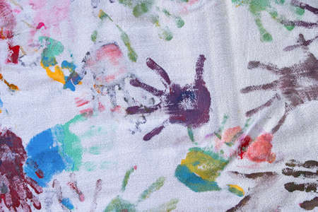 Kids hand prints. colored hand prints on white backgroundの写真素材